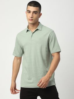 R&B - Men Cotton Green Collar Neck Textured Slim Half Sleeves Polo T-Shirt