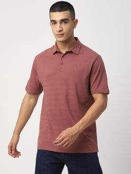 R&B - Men Cotton Mauve Collar Neck Textured Slim Half Sleeves Polo T-Shirt