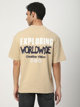 R&B - Men Cotton Beige Crew Neck Typography Oversized Half Sleeves T-Shirt