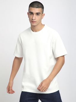 R&B - Off White Polycotton Crew Neck Solid Men T-Shirt