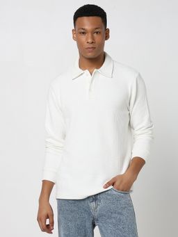 R&B - White Cotton Collar Neck Long Sleeve Textured Men Polo T-Shirt