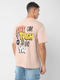 R&B - Beige Cotton Oversized Fit Crew Neck Typographic Print Men T-Shirt