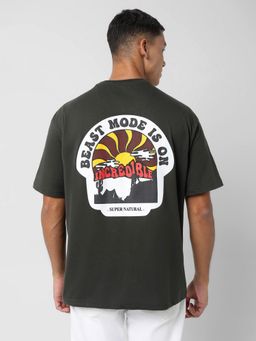 R&B - Olive Cotton Blend Oversized Fit Crew Neck Typography Print Men T-Shirt