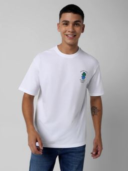R&B - Men Cotton White Crew Neck Graphic Oversized Half Sleeves T-Shirt