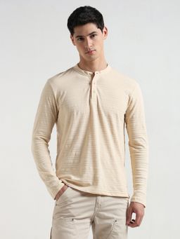R&B - Beige Cotton Mandarin Neck Textured Long Sleeve Men T-Shirt