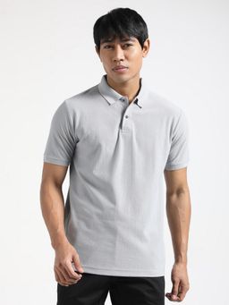 R&B - Grey Cotton Blend Collar Neck Textured Knit Men Polo T-Shirt