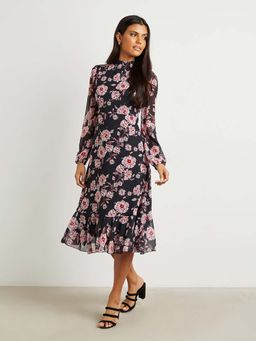 Styli - Black Floral Print High Neck A-line Midi Dress