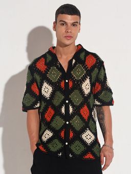 SHOWOFFFF - Edition Men Geometric Multi Color Regular Fit Crochet Shirt