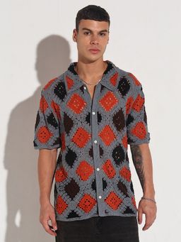 SHOWOFFFF - Edition Men Geometric Grey Regular Fit Crochet Shirt