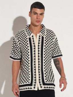 SHOWOFF - Edition Men Geometric Black Oversized Crochet Shirt