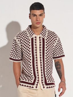 SHOWOFF - Edition Men Geometric Maroon Oversized Crochet Shirt