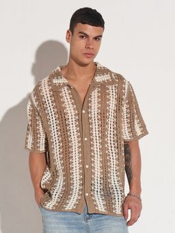 SHOWOFF - Edition Men Striped Beige Regular Fit Crochet Shirt