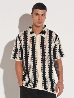 SHOWOFFFF - Edition Men Striped Black Regular Fit Crochet Shirt