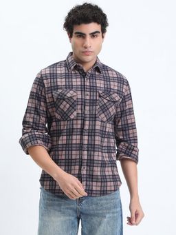 SHOWOFF - Men Checked Mauve Regular Fit Shirt
