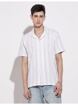 SHOWOFFFF - Men Striped White Regular Fit Cuban Collar Shirt