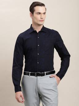 Turtle - Men Pure Cotton Slim Fit Jacquard Blue Party Shirt