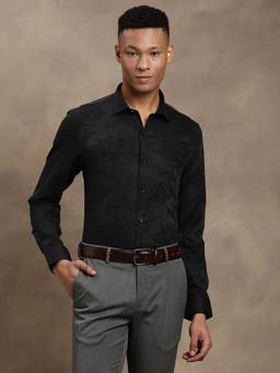 Turtle - Men Pure Cotton Slim Fit Jacquard Black Party Shirt