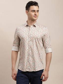 Turtle - Men Pure Cotton Regular Fit Printed Beige Party Shirt
