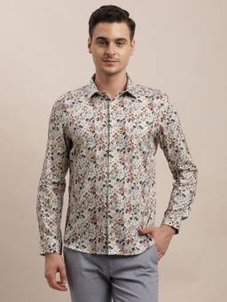 Turtle - Men Pure Cotton Regular Fit Printed Beige Party Shirt