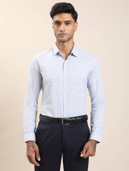 Turtle - Men Pure Cotton Slim Fit Checkered Light Blue Formal Shirt