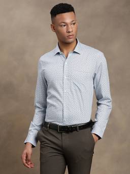 Turtle - Men Pure Cotton Slim Fit Printed Light Blue Formal Shirt