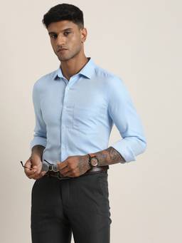 Turtle - Men Pure Cotton Slim Fit Self Design Light Blue Formal Shirt