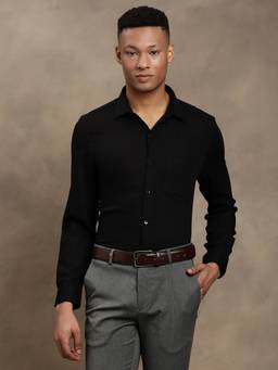 Turtle - Men Pure Cotton Slim Fit Self Design Black Formal Shirt