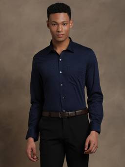 Turtle - Men Pure Cotton Slim Fit Self Design Blue Formal Shirt