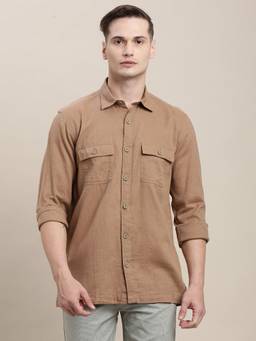 Turtle - Men Pure Cotton Slim Fit Solid Brown Denim Shirt