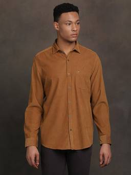 Turtle - Men Corduroy Slim Fit Solid Brown Denim Shirt