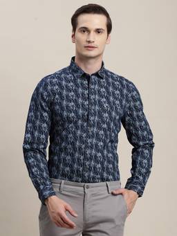 Turtle - Men 100% Cotton Indigo Slim Fit Printed Blue Denim Shirt