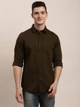 Turtle - Men Pure Cotton Slim Fit Solid Olive Casual Shirt
