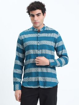 SHOWOFF - Men Striped Turquoise Blue Slim Fit Shirt
