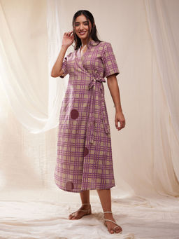Pink Fort - Cotton Check and Polka Print Wrap Dress- Beige