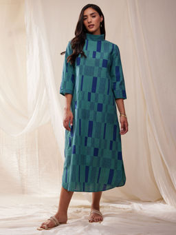 Pink Fort - Cotton Check Dress- Teal