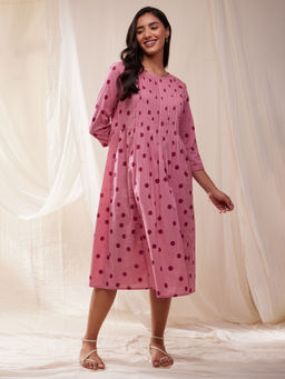Pink Fort - Cotton Polka Print A-Line Dress- Pink
