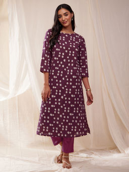 Pink Fort - Cotton Dabu Hand Block Polka Kurta- Purple