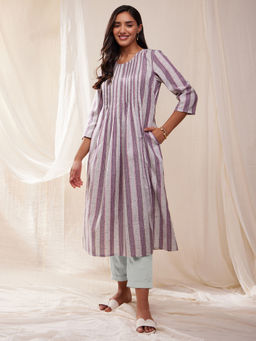 Pink Fort - Cotton Striped A-Line Kurta- Purple
