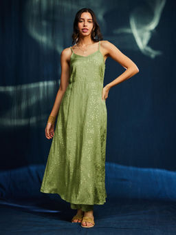 Pink Fort - Sleeveless Gold Foil Print A-Line Kurta with Pant- Lime (Set of 2)