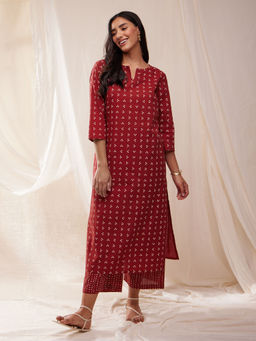 Pink Fort - Cotton Tribal Print Straight Kurta with Palazzo- Red (Set of 2)