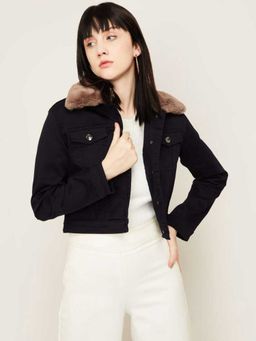 Xpose - Women Navy Blue Crop Fur Jacket