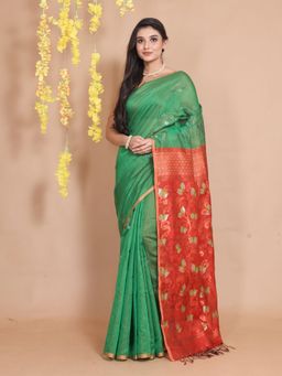 CHARUKRITI - Green Tissue Handwoven Floral Designs & Motifs Saree with Unstitched Blouse