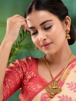 Saraf RS Jewellery - Gold Plated Red Kemp Studded Lakshmi Temple Pendant Jewellery (Set Of 2)