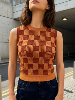 ZUMMER - Brown Seamless Cotton Knitted Checks Sleeveless Top