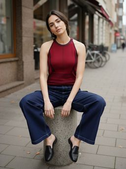 ZUMMER - Red Seamless Cotton Knitted Halter Neck Top