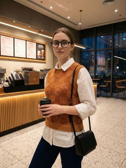 ZUMMER - Mustard Seamless Cotton Knitted Checks Sleeveless Top