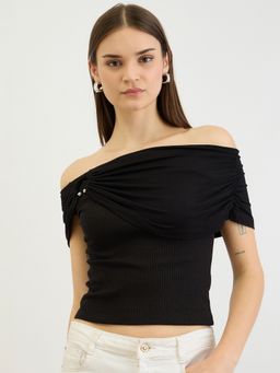 ZUMMER - Black Rib Ring Insert Off Shoulder Top