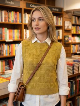 ZUMMER - Yellow Seamless Cotton Knitted Checks Sleeveless Top