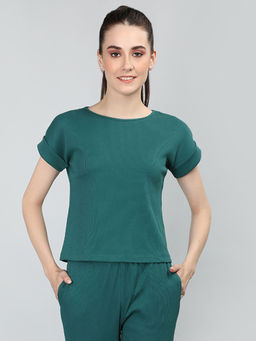 CHKOKKO - Round Neck Half Sleeve T-Shirt For Women-Teal