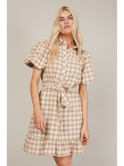 Trendyol - Stone Gingham Shirt Dress With Tie And Frill Hem